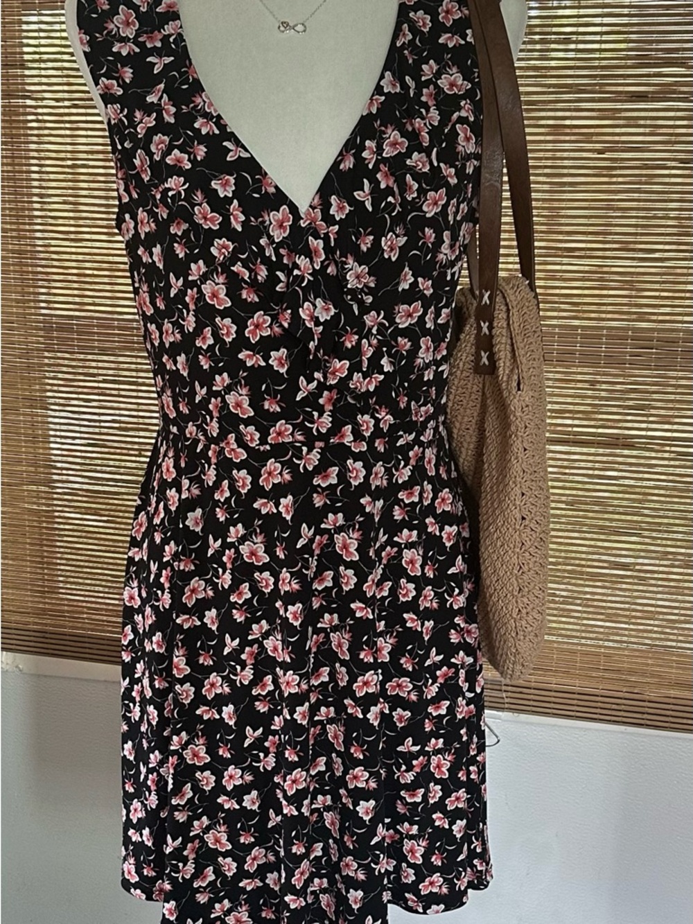 Women's true navy Floral V-Neck Dress with Pinky Coral Floral